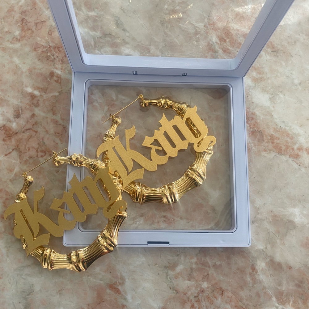 “Katy”Bamboo Hoop Name Plate Earrings, 18K Gold Plated, Personalized Jewelry
